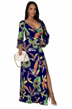 RoyalBlue Long Sleeve V-Neck Printed Fashion Jersey Dress