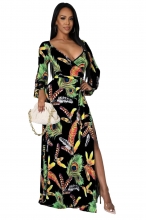 Black Long Sleeve V-Neck Printed Fashion Jersey Dress