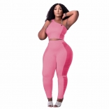 Pink Sleeveless One-Shoulder Mesh Sexy Jumpsuit With Chians Halter