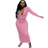 Pink Long Sleeve Deep V-Neck 2PCS Women Bodycons Midi Dress