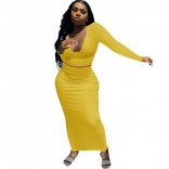 Yellow Long Sleeve Deep V-Neck 2PCS Women Bodycons Midi Dress
