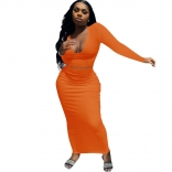 Orange Long Sleeve Deep V-Neck 2PCS Women Bodycons Midi Dress