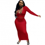 Red Long Sleeve Deep V-Neck 2PCS Women Bodycons Midi Dress