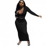 Black Long Sleeve Deep V-Neck 2PCS Women Bodycons Midi Dress