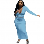 SkyBlue Long Sleeve Deep V-Neck 2PCS Women Bodycons Midi Dress