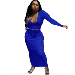 Blue Long Sleeve Deep V-Neck 2PCS Women Bodycons Midi Dress