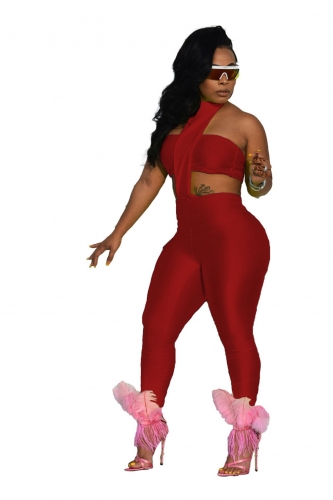 Red Sleeveless Halter 2PCS Women Sexy Jumpsuit Set