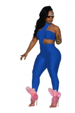 Blue Sleeveless Halter 2PCS Women Sexy Jumpsuit Set