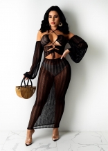 Black Long Sleeve Off-Shoulder Mesh Hollow-out Sexy Midi Dress