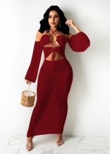 Red Long Sleeve Off-Shoulder Mesh Hollow-out Sexy Midi Dress