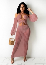 Pink Long Sleeve Off-Shoulder Mesh Hollow-out Sexy Midi Dress