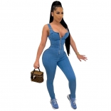 Blue Sleeveless V-Neck Zipper Jeans Sexy Jumpsuit