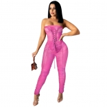 RoseRed Off-Shoulder Lace-up Bandge Mesh Sexy Women Jumpsuit
