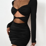 Black Long Sleeve Low-Cut V-Neck Bodycons Mini Dress