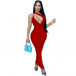 Red Sleeveless Deep V-Neck Halter Fashion Women Midi Dress