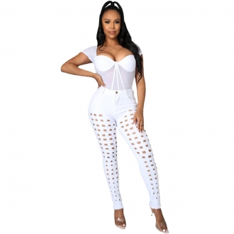White Sexy Hollow-out Long Pencil Pants