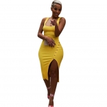 Yellow Sleeveless Halter Low-Cut Button Sexy Midi Dress