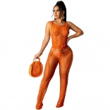 Orange Sleeveless Knitting Nets Women Party Jumpsuit Dress