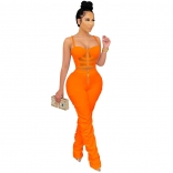 Orange Halter Low-Cut V-Neck Mesh Zipper 2PCS Sexy Jumpsuit