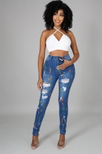 Blue Hollow-out Printed Jeans Sexy Pant