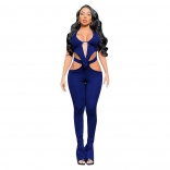 Blue Sleeveless Hollow-out Women Bandage Sexy Jumpsuit