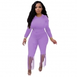Purple Long Sleeve O-Neck Tassels Women Jumpsuit Sets
