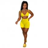 Yellow Sleeveless Halter Sexy Women Short Sets