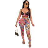 Pink Sleeveless Halter Low-Cut Lace Bra Printed Sexy Jumpsuit