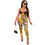 Yellow Sleeveless Halter Low-Cut Lace Bra Printed Sexy Jumpsuit