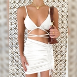 White Sleeveless V-Neck Halter 2PCS Pleating Mini Dress