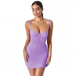 Purple Halter Low-Cut V-Neck Mesh Bodycons Mini Dress