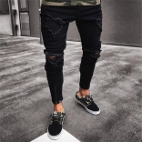 Black Men's Jeans Fashion Hole Long Trousers