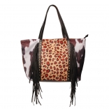 Black Women Leopard Tassels Rivet Shoulder Bag