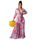 Red Long Sleeve V-Neck Printed Sexy Women Jumpsuit Dress