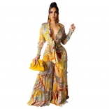 Yellow Long Sleeve V-Neck Printed Sexy Women Jumpsuit Dress