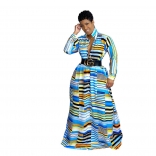 Blue Long Sleeve Deep V-Neck Printed Stripe Women Maxi Dress