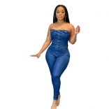 RoyalBlue Off-Shoulder Sleeveless Botton Bodycon Jeans Sexy Jumpsuit