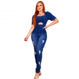 Blue Short Sleeve Boat-Neck Hollow-out Jeans Sexy Jumpsuit