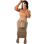 Khaki Off-Shoulder Sleeveless Tube Elasticity Midi Dress