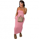 Pink Off-Shoulder Sleeveless Tube Elasticity Midi Dress
