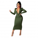 Green Long Sleeve Deep V-Neck Knot Bodycons Midi Dress