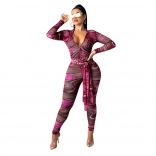 Red Long Sleeve Deep V-Neck Printed Bodycons Sexy Jumpsuit