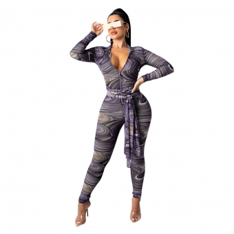 Grey Long Sleeve Deep V-Neck Printed Bodycons Sexy Jumpsuit