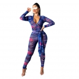 Blue Long Sleeve Deep V-Neck Printed Bodycons Sexy Jumpsuit