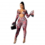 Red Long Sleeve Deep V-Neck Printed Sexy Jumpsuit with Underwear