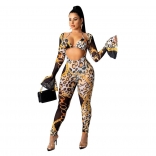 Yellow Long Sleeve Deep V-Neck Printed Sexy Jumpsuit with Underwear