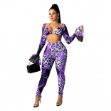 Purple Long Sleeve Deep V-Neck Printed Sexy Jumpsuit with Underwear
