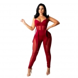 Red Halter V-Neck Low-Cut Mesh Bodycons Sexy Jumpsuit