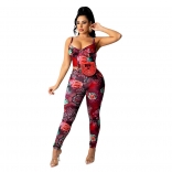 Red Sleeveless Halter Low-Cut Mesh Printed Bodycons Sexy Jumpsuit