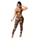 Khaki Sleeveless Halter Low-Cut Mesh Printed Bodycons Sexy Jumpsuit